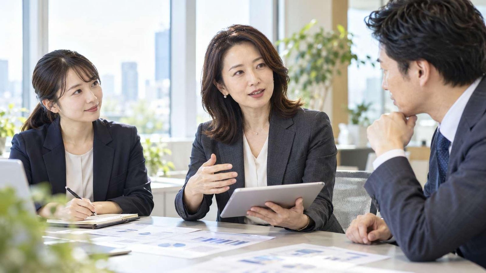 女性MRのリーダーが同僚と情報を共有するミーティング
